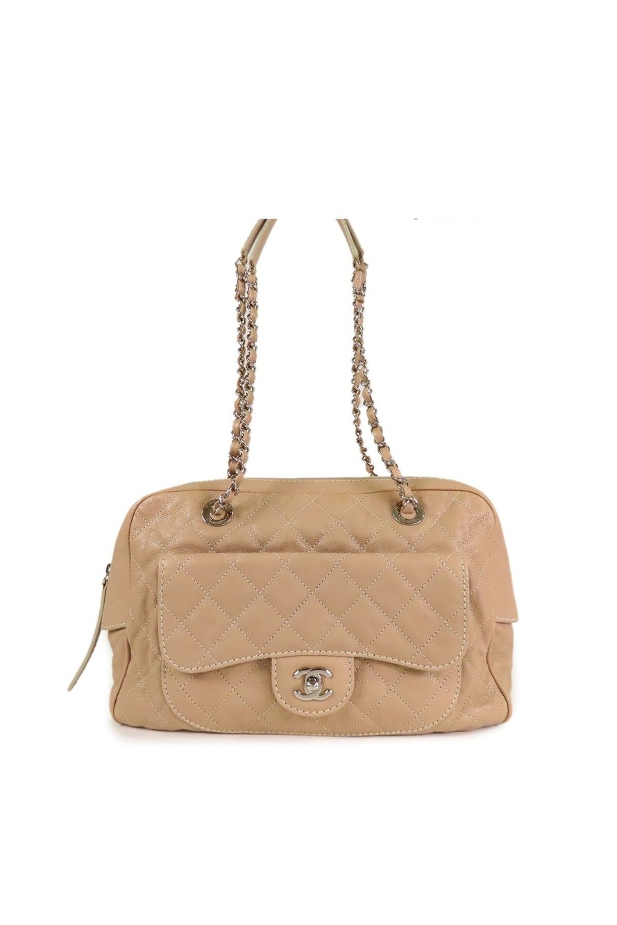 Chanel Chain Beige Silver Caviar Leather Quilted Stitching CC Logo Shoulder Bag